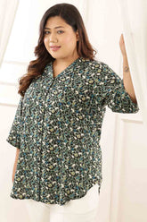 Plus Size Olive Floral Cuban Collar Shirt