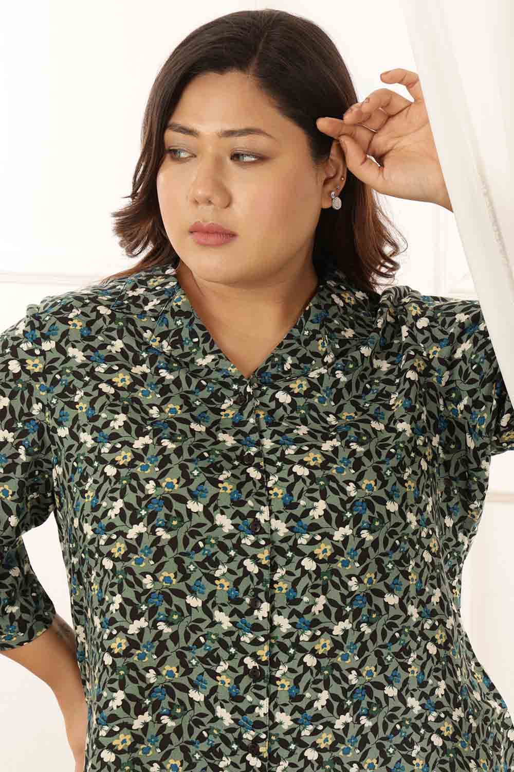 Plus Size Olive Floral Cuban Collar Shirt for Women