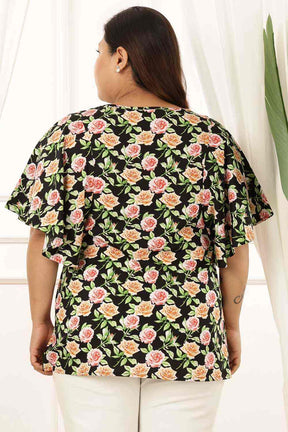 Plus Size Black Floral Flare Cotton Top