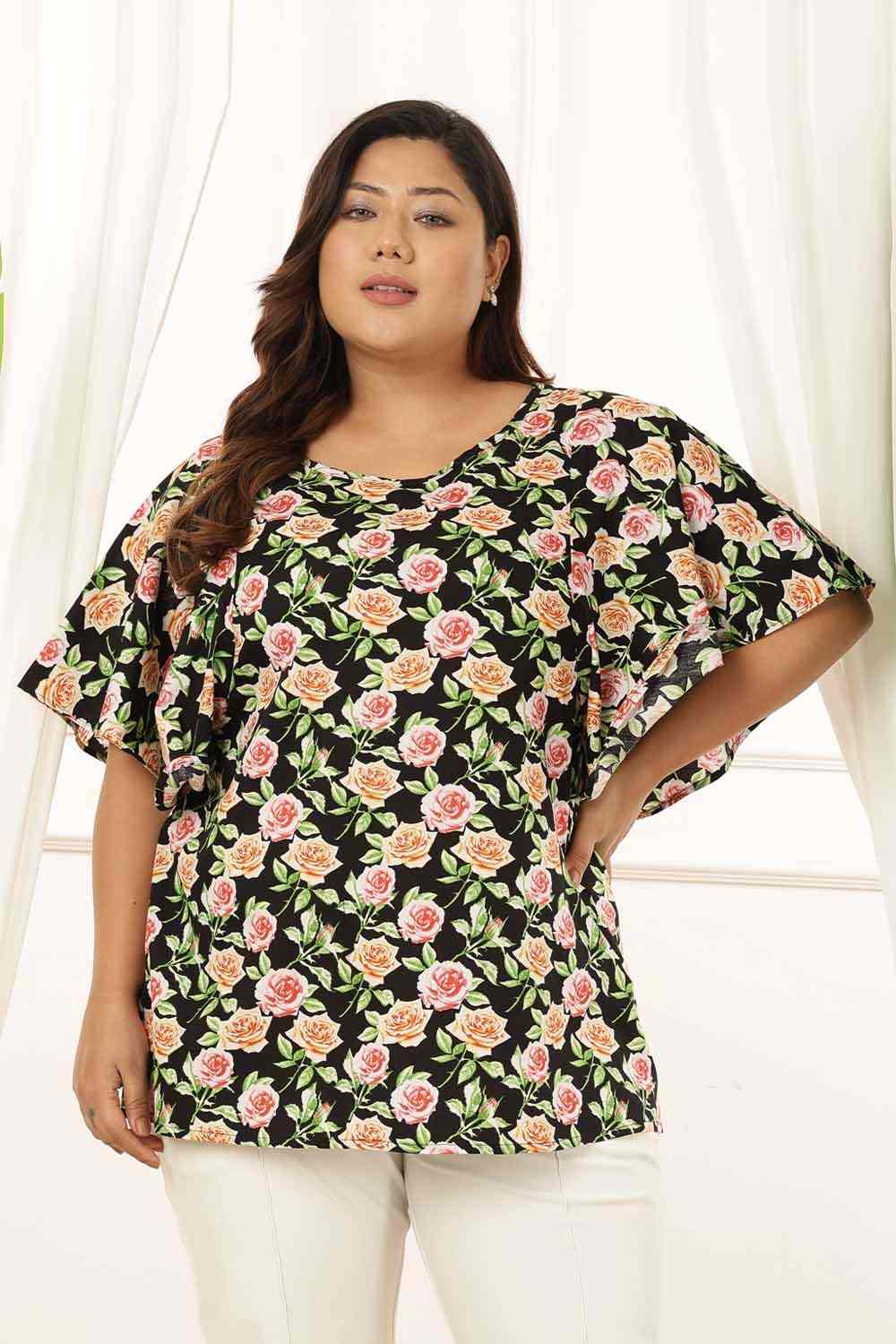 Plus Size Black Floral Flare Cotton Top