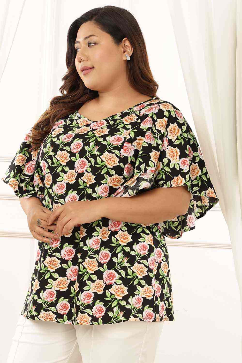 Plus Size Plus Size Black Floral Flare Cotton Top