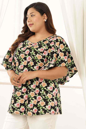 Plus Size Black Floral Flare Cotton Top