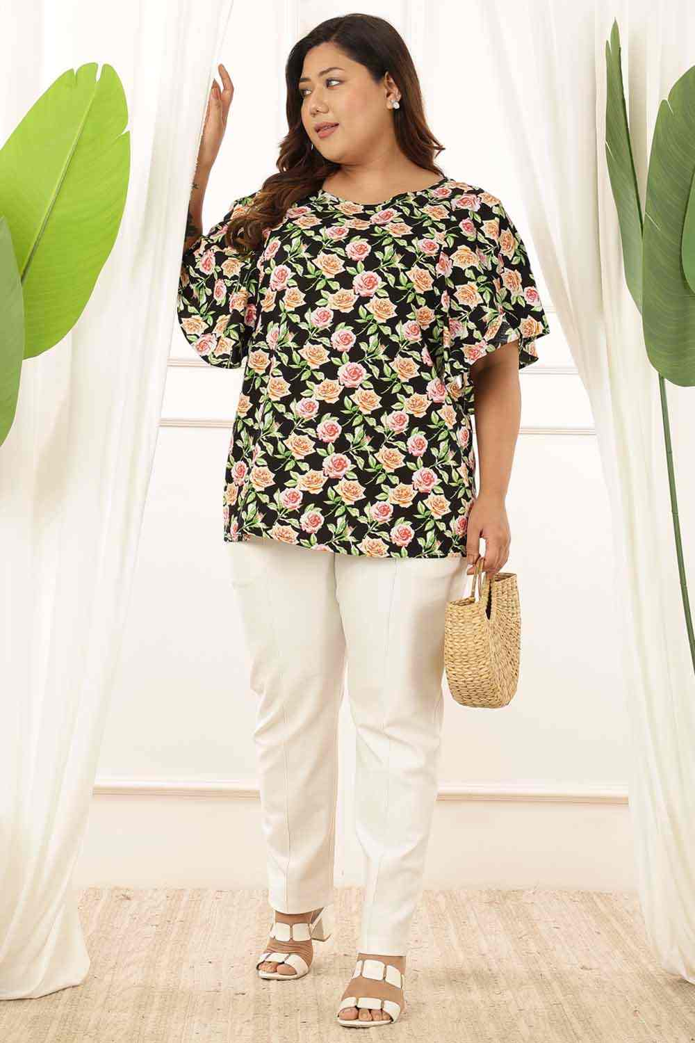 Buy Plus Size Black Floral Flare Cotton Top