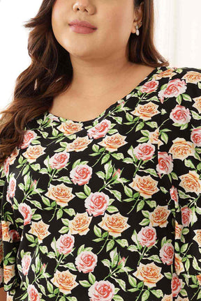 Plus Size Black Floral Flare Cotton Top