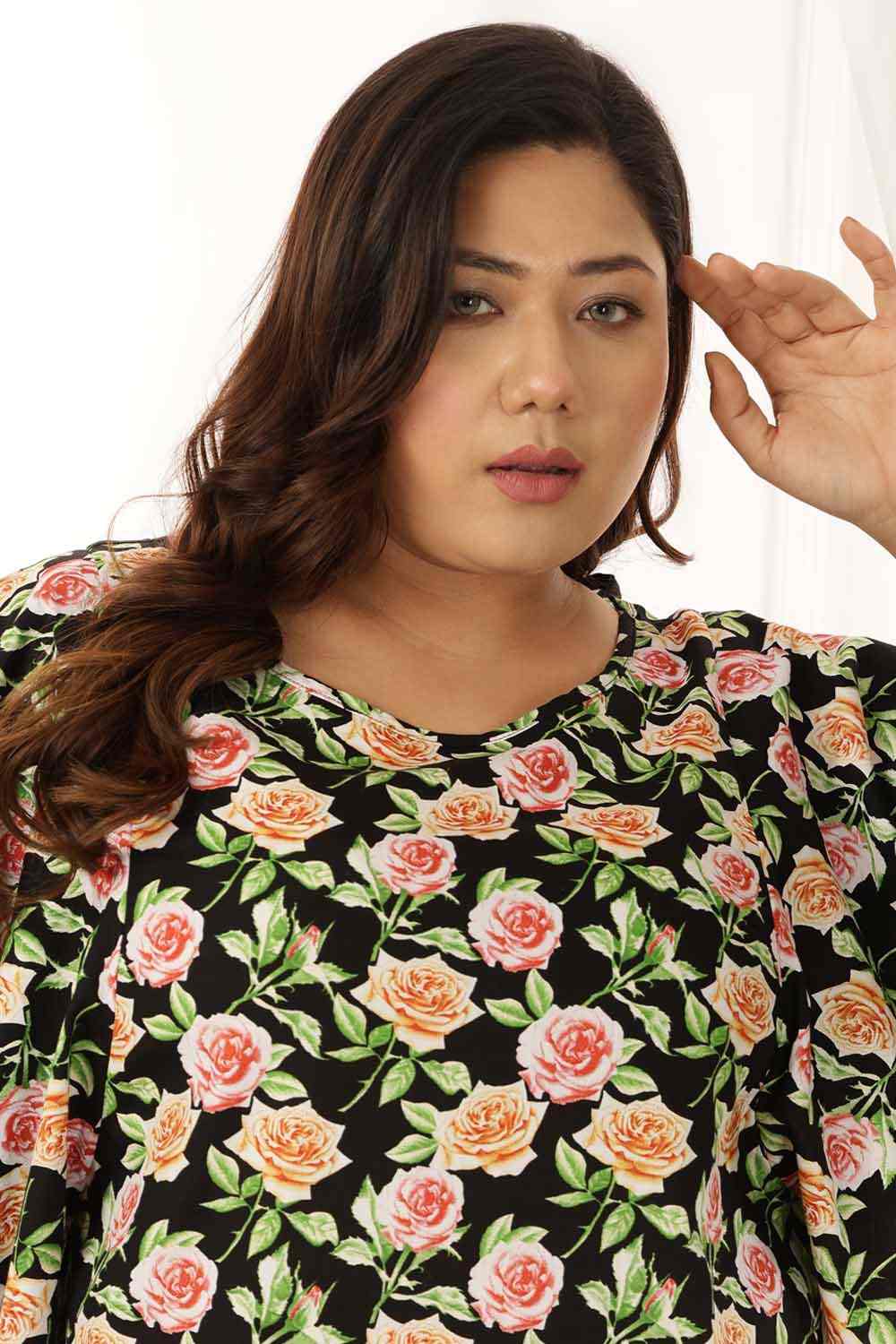 Comfortable Plus Size Black Floral Flare Cotton Top