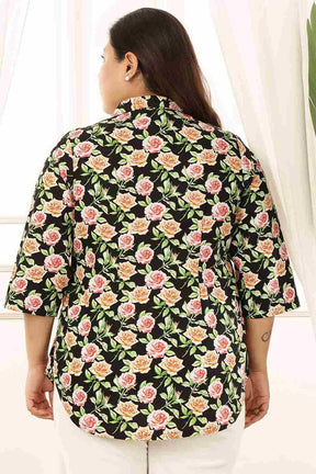 Plus Size Black Floral Cuban Collar Cotton Shirt