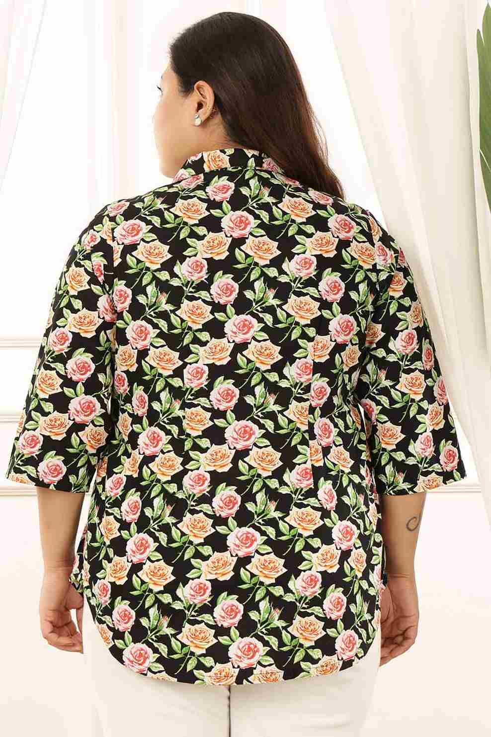 Plus Size Black Floral Cuban Collar Cotton Shirt