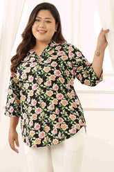 Plus Size Black Floral Cuban Collar Cotton Shirt