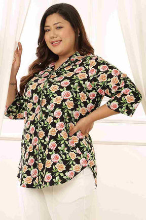 Plus Size Black Floral Cuban Collar Cotton Shirt