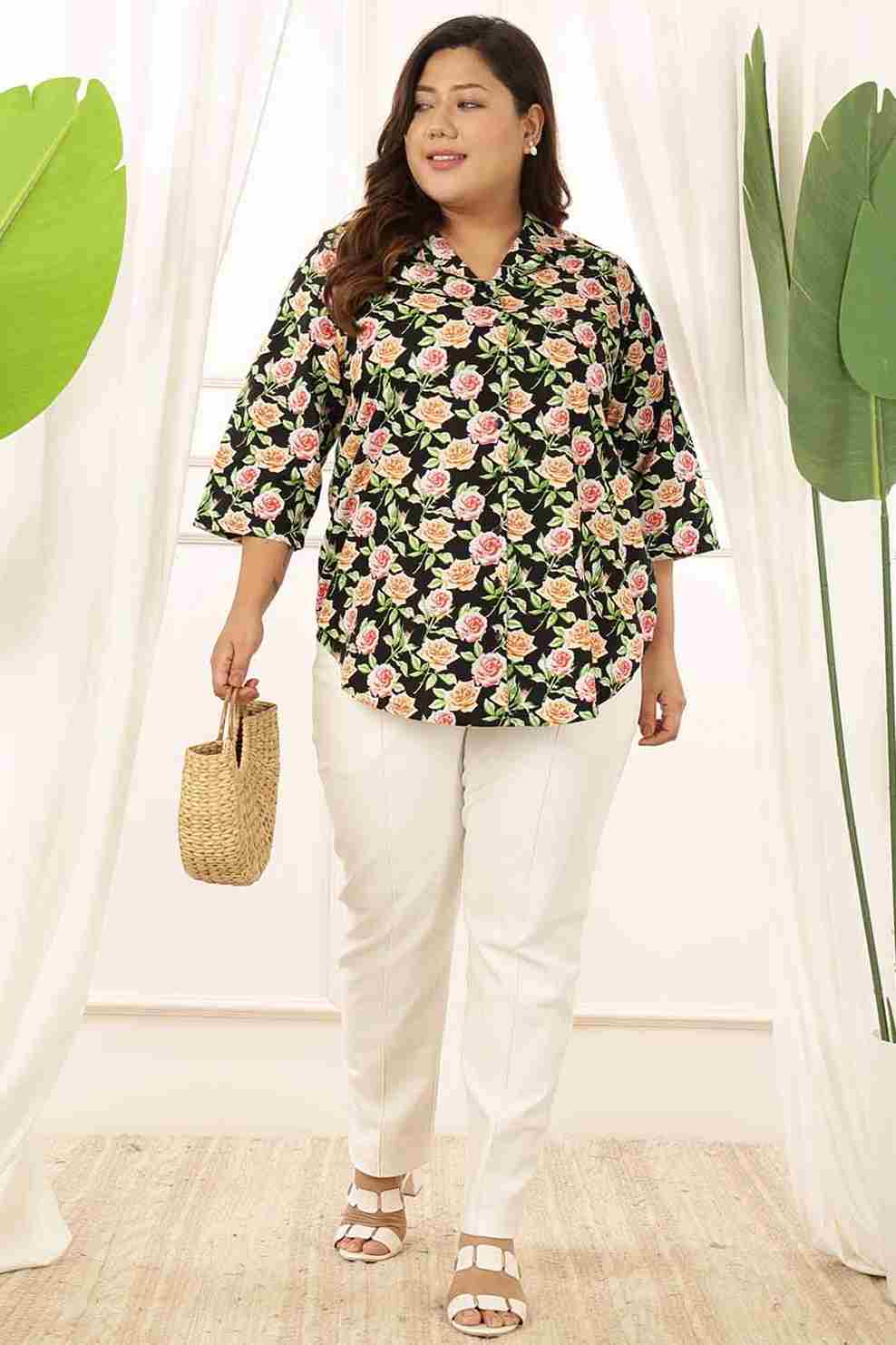 Plus Size Black Floral Cuban Collar Cotton Shirt