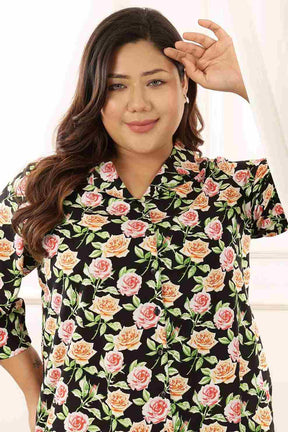 Plus Size Black Floral Cuban Collar Cotton Shirt