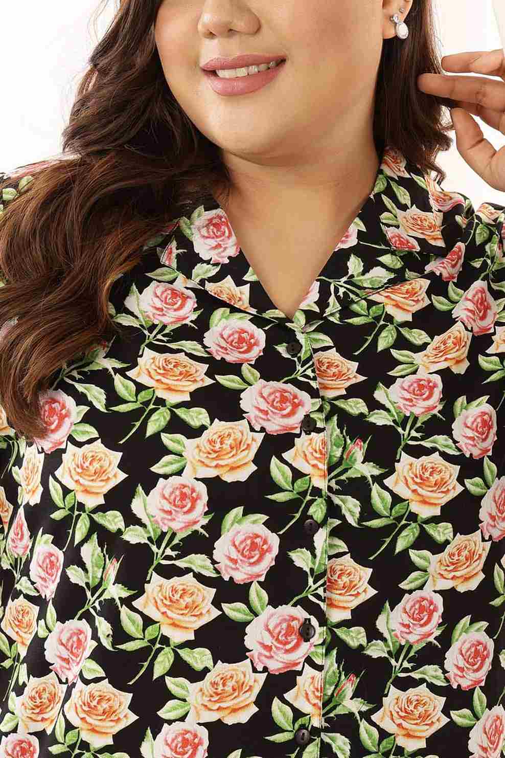 Plus Size Black Floral Cuban Collar Cotton Shirt for Women