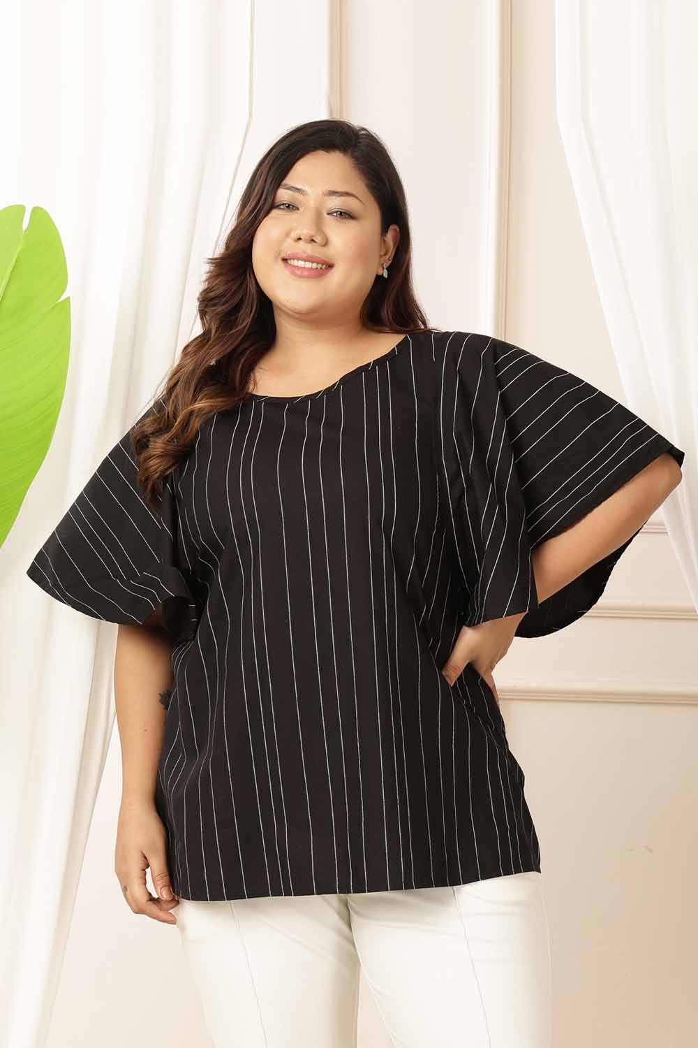 Plus Size Black Stripe Cotton Top for Women