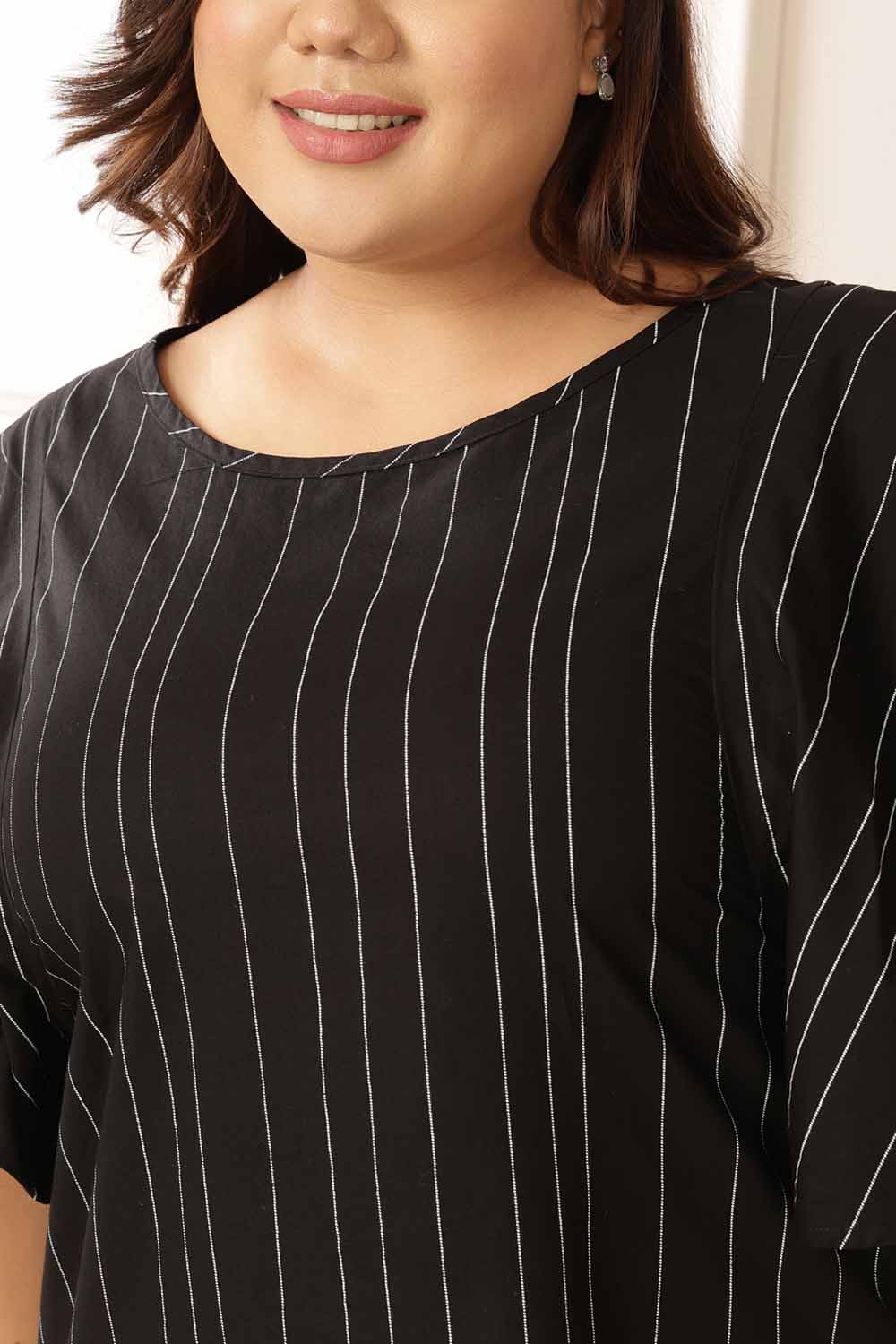 Comfortable Plus Size Black Stripe Cotton Top