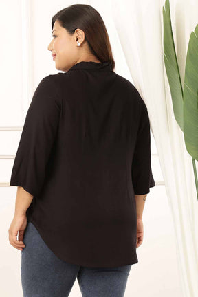 Plus Size Black Cuban Collar Rayon Twill Shirt