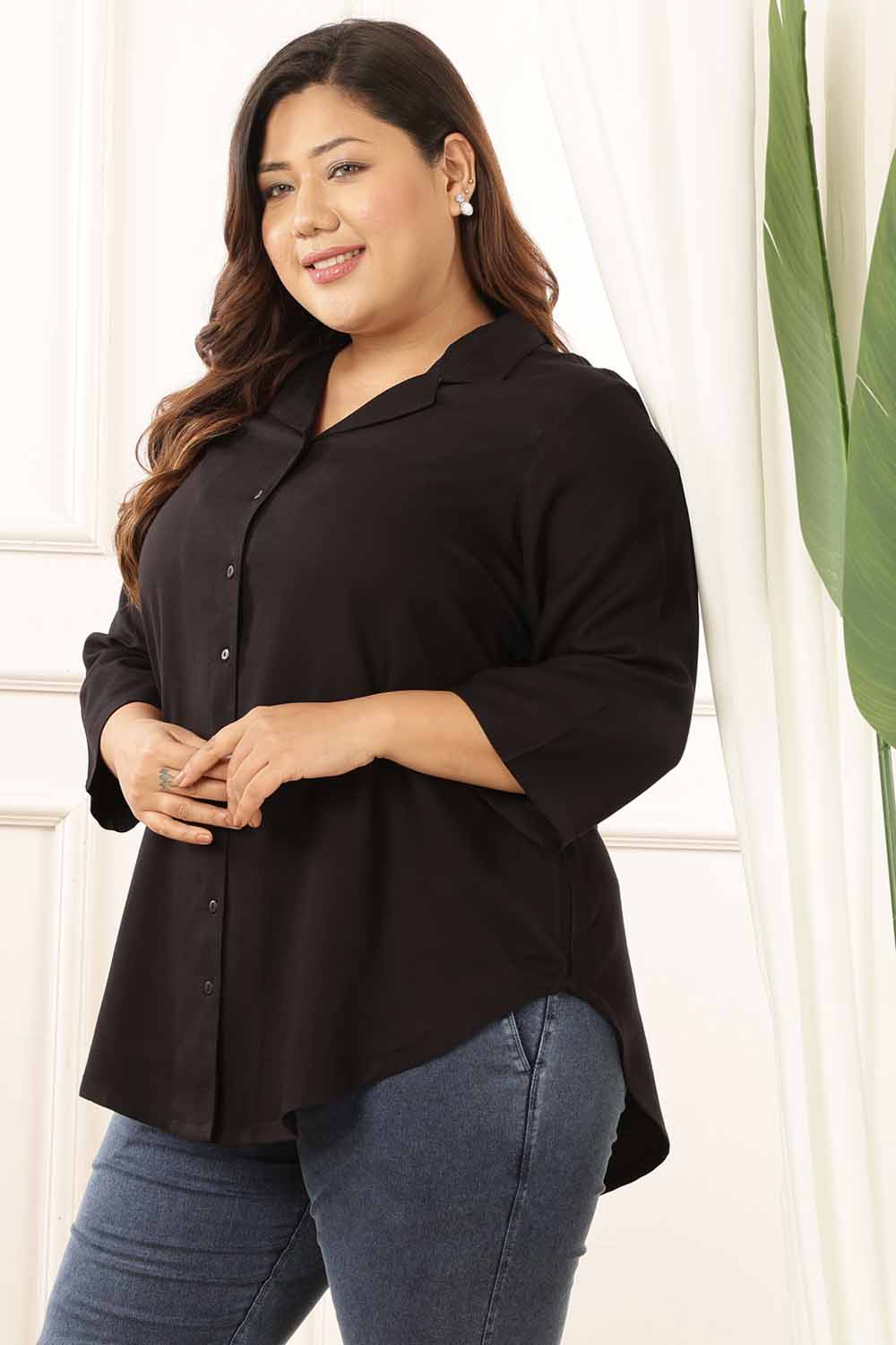 Comfortable Plus Size Black Cuban Collar Rayon Twill Shirt