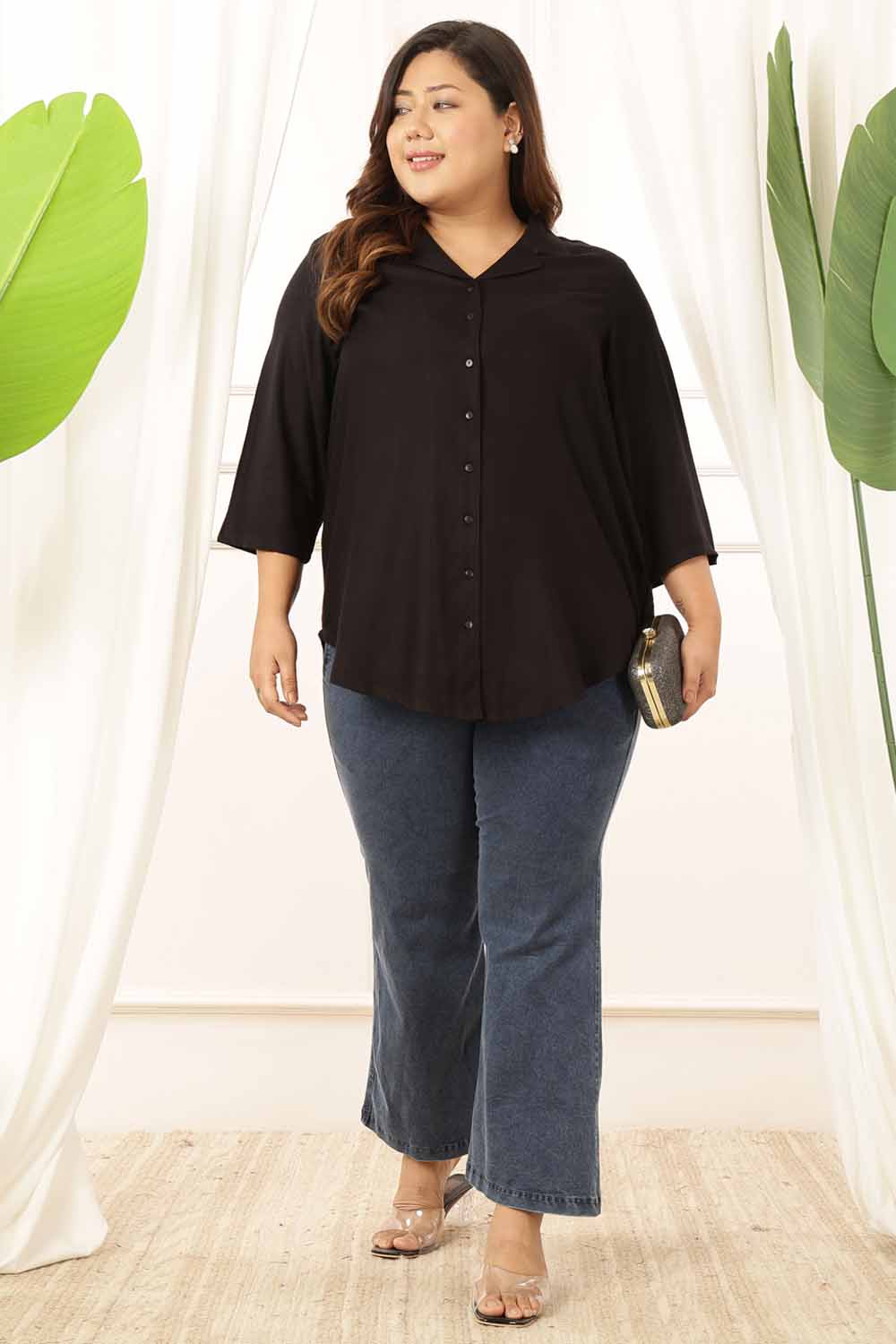 Plus Size Black Cuban Collar Rayon Twill Shirt