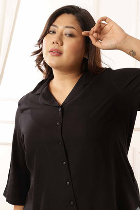 Plus Size Black Cuban Collar Rayon Twill Shirt