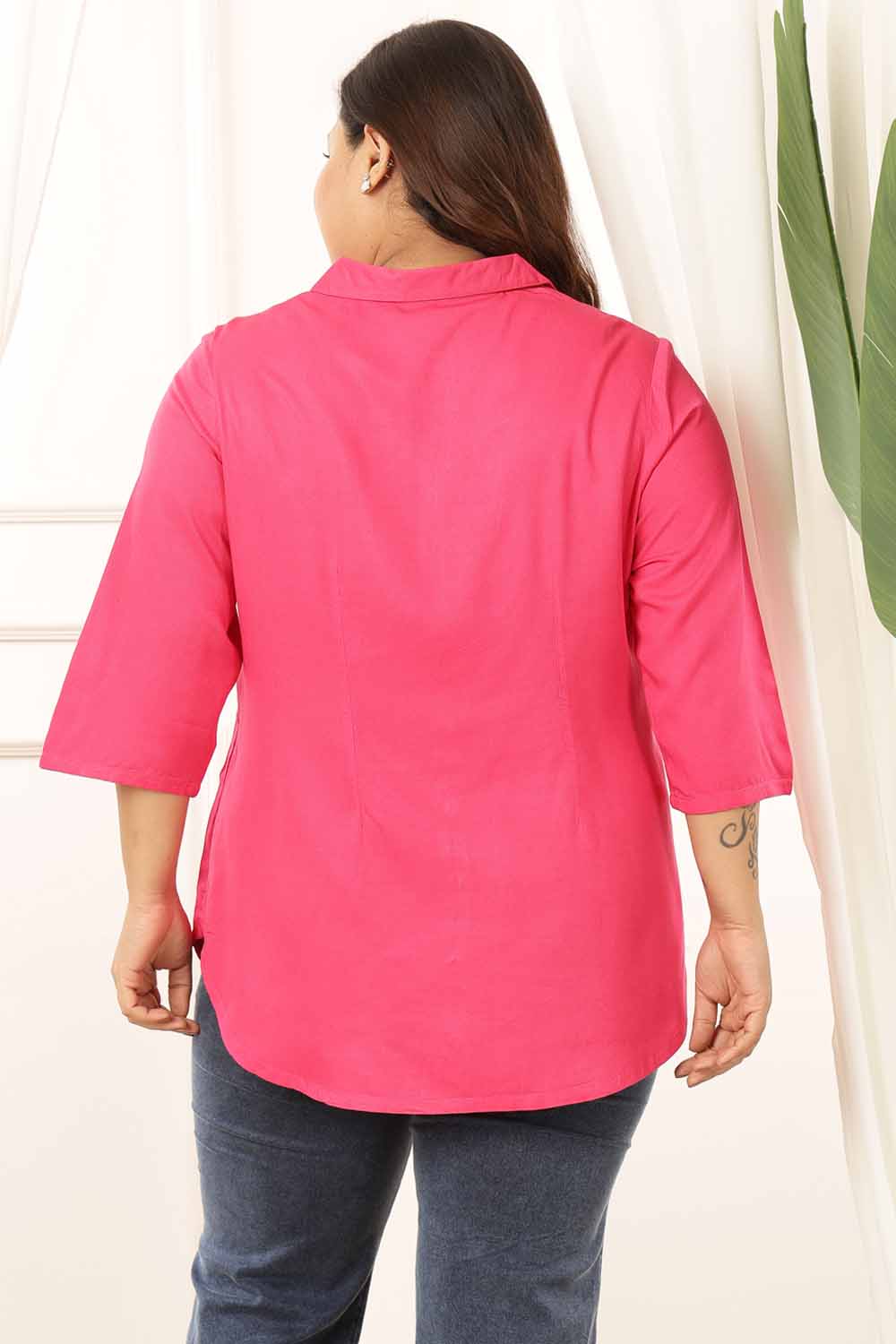 Plus Size Pink Cuban Collar Rayon Twill Shirt