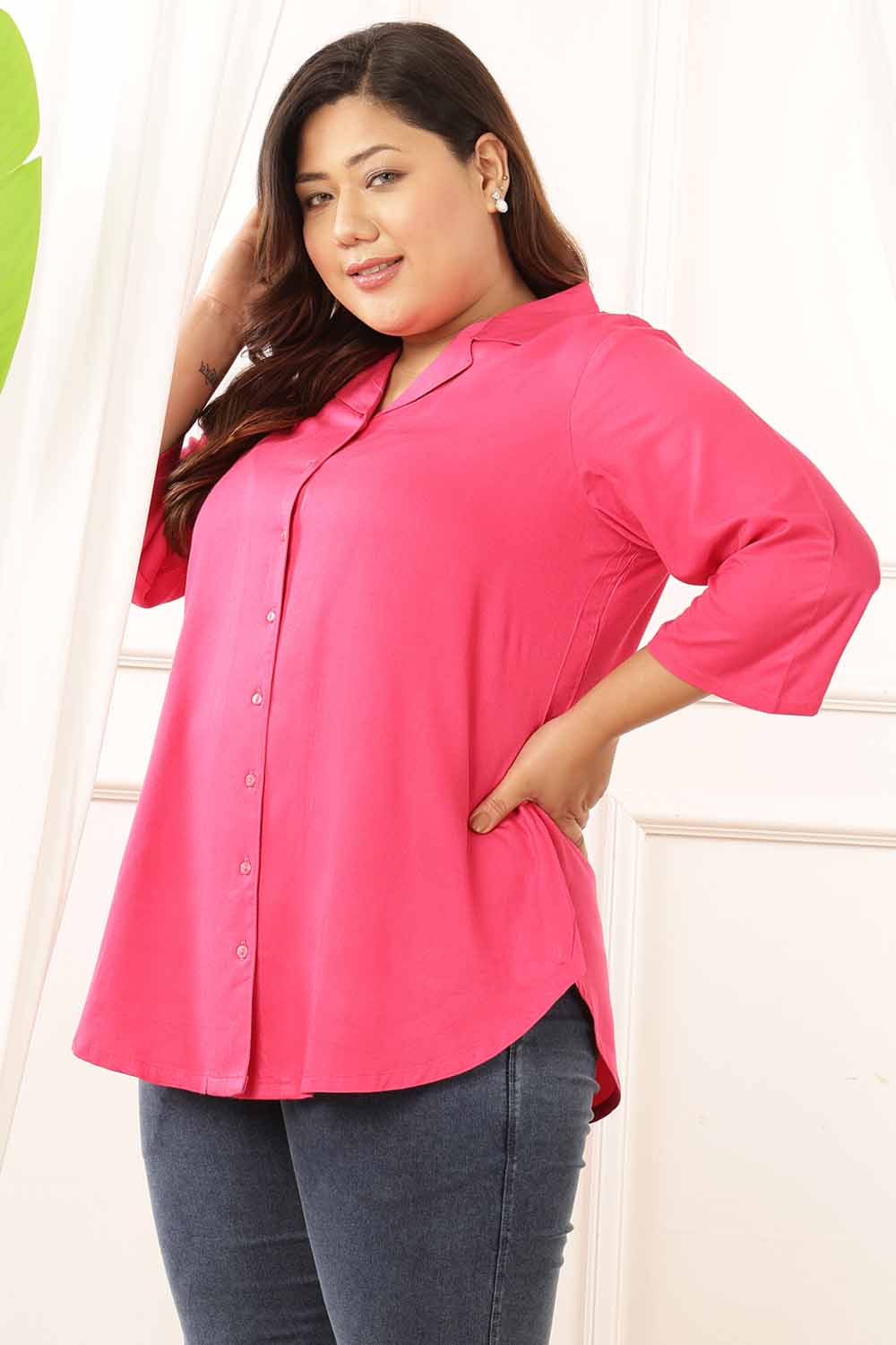 Plus Size Plus Size Pink Cuban Collar Rayon Twill Shirt