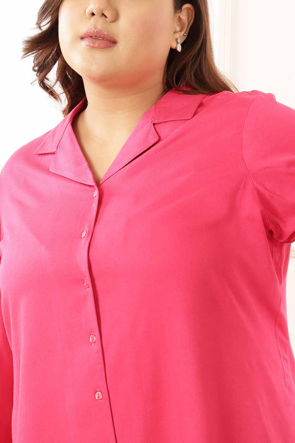 Comfortable Plus Size Pink Cuban Collar Rayon Twill Shirt