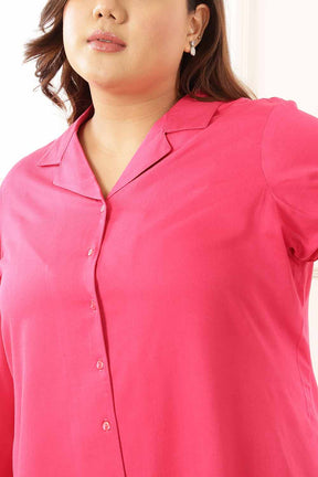 Plus Size Pink Cuban Collar Rayon Twill Shirt