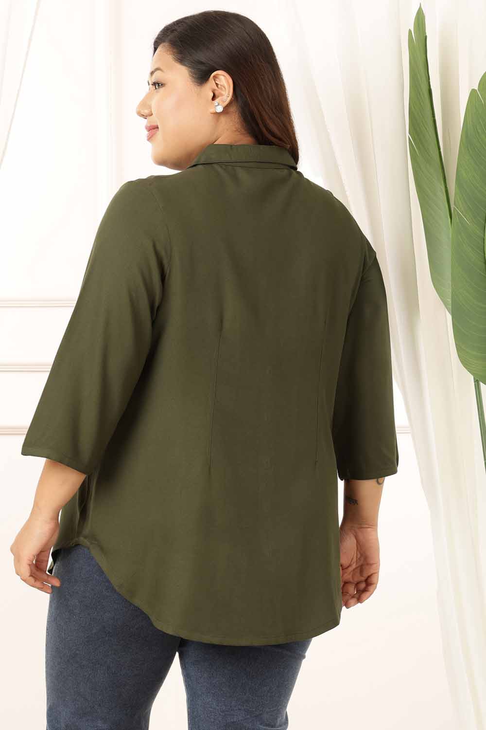 Plus Size Olive Cuban Collar Rayon Twill Shirt