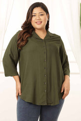 Plus Size Olive Cuban Collar Rayon Twill Shirt