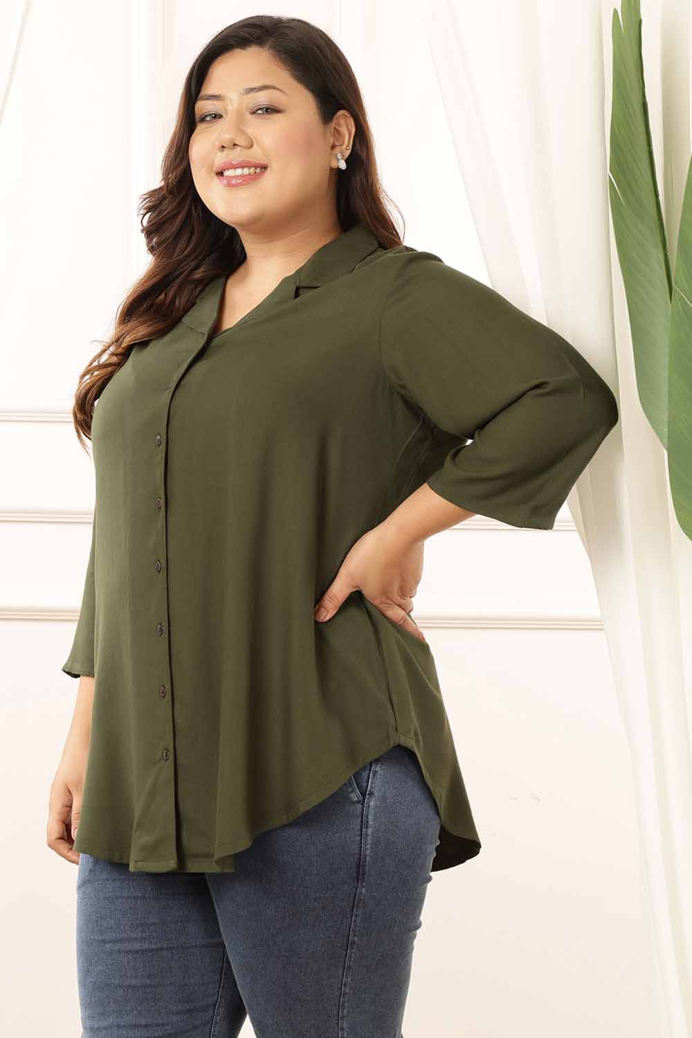 Plus Size Olive Cuban Collar Rayon Twill Shirt for Women