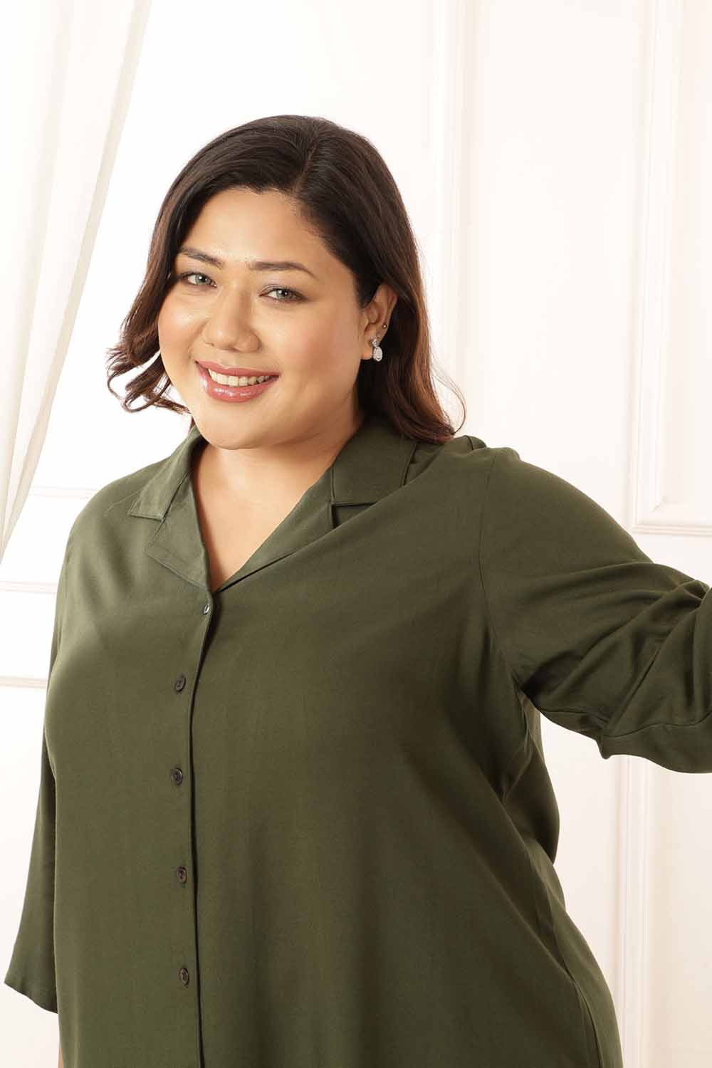 Buy Plus Size Olive Cuban Collar Rayon Twill Shirt