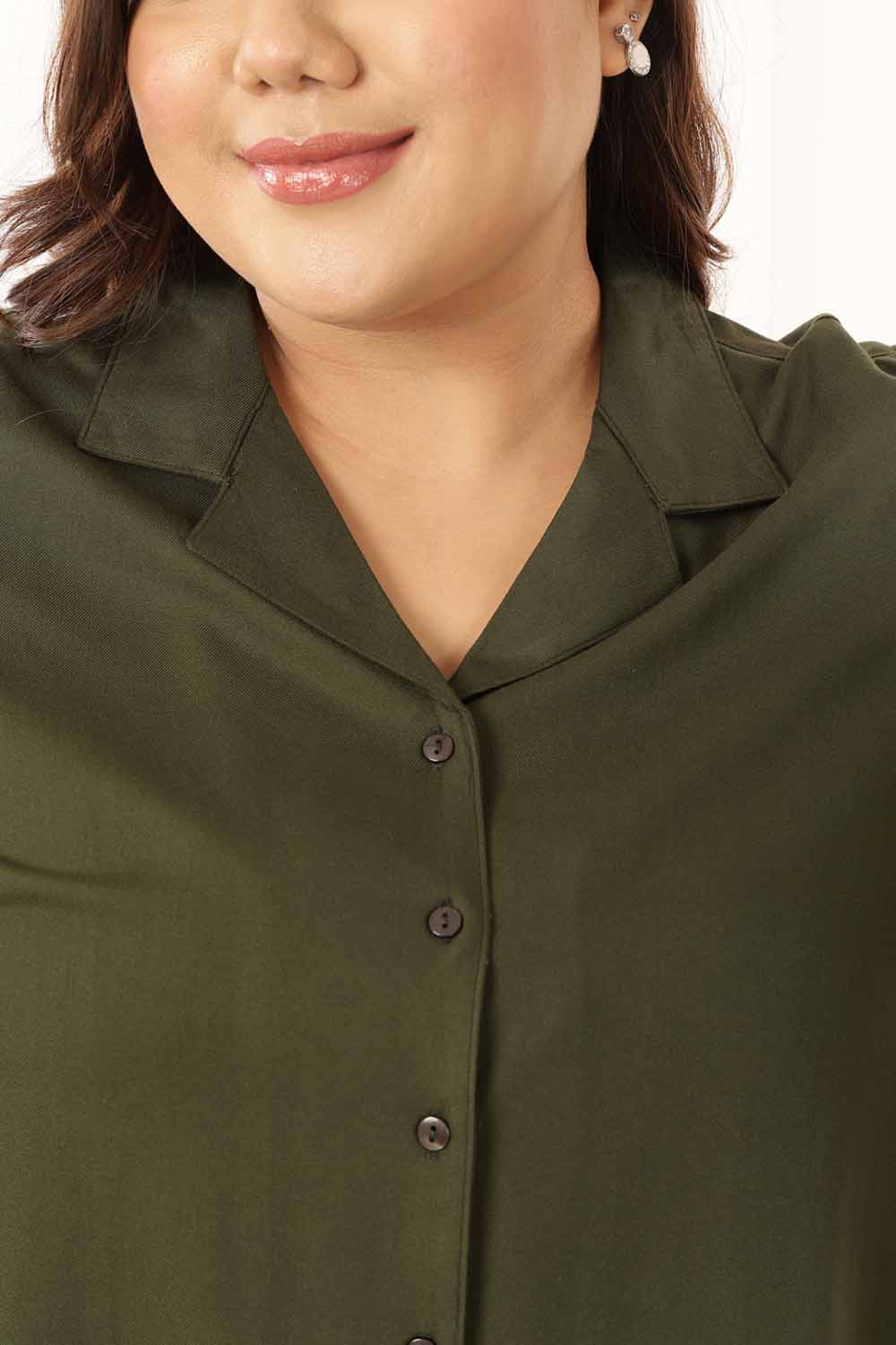 Comfortable Plus Size Olive Cuban Collar Rayon Twill Shirt