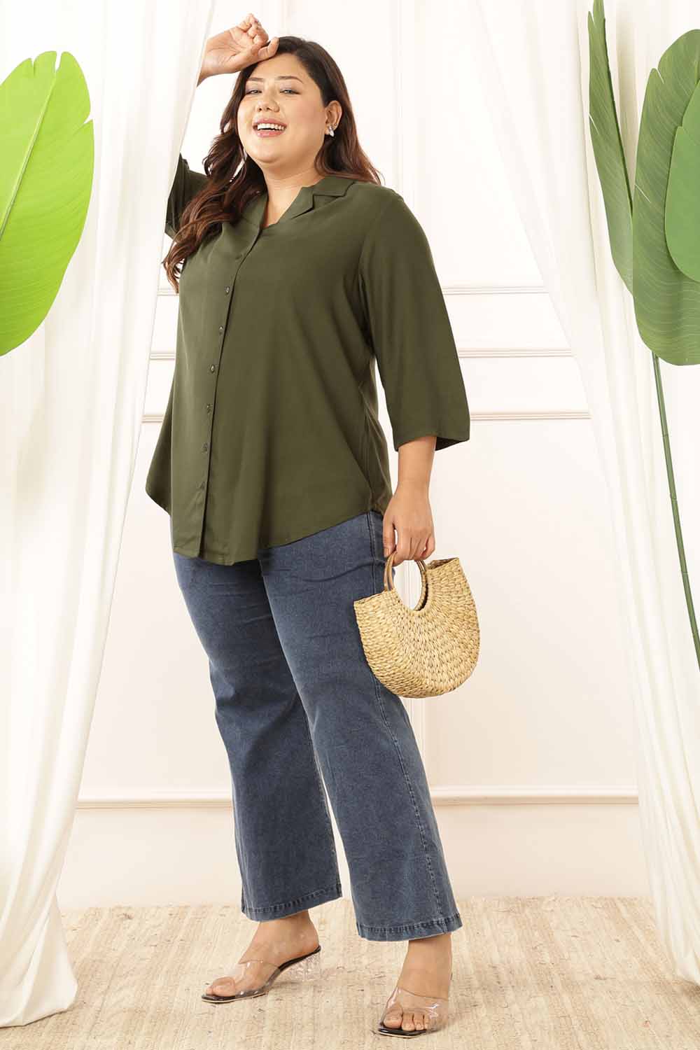 Plus Size Plus Size Olive Cuban Collar Rayon Twill Shirt