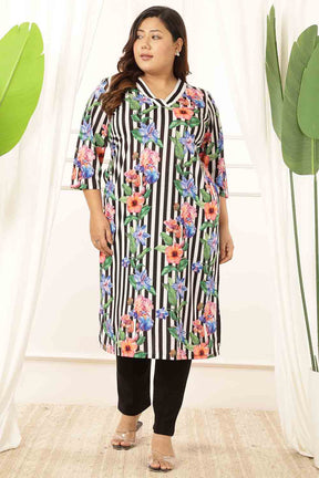 Plus Size Black Floral Stripes Kurta