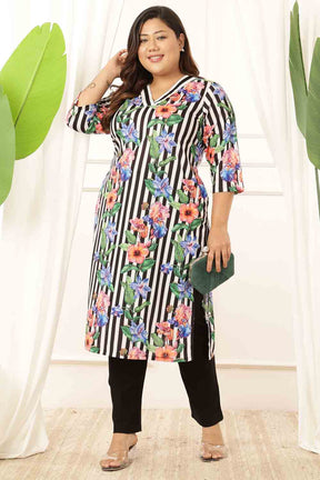 Plus Size Black Floral Stripes Kurta