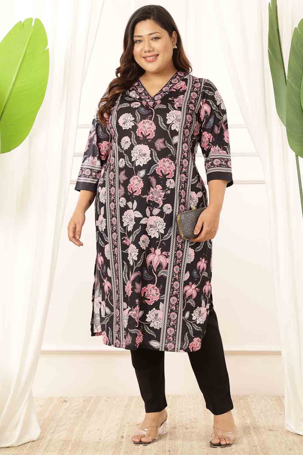 Plus Size Black Floral V Neck Kurta