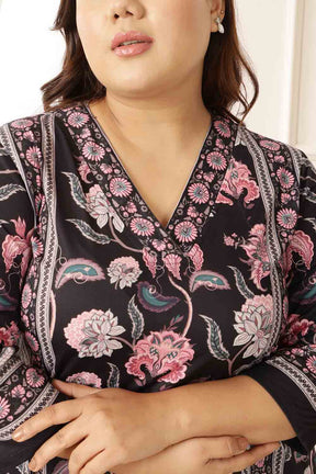 Plus Size Black Floral V Neck Kurta