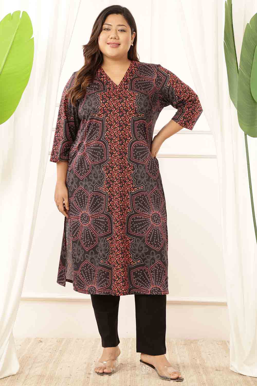 Plus Size Maroon Floral V Neck Kurta