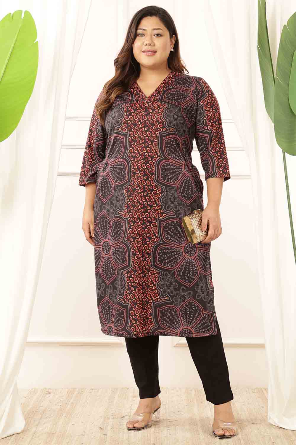 Buy Plus Size Maroon Floral V Neck Kurta