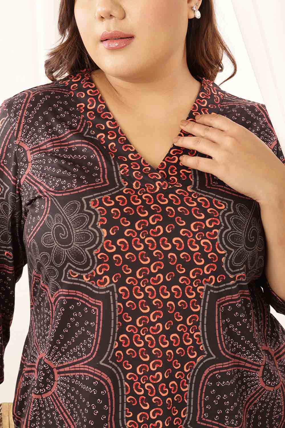 Comfortable Plus Size Maroon Floral V Neck Kurta