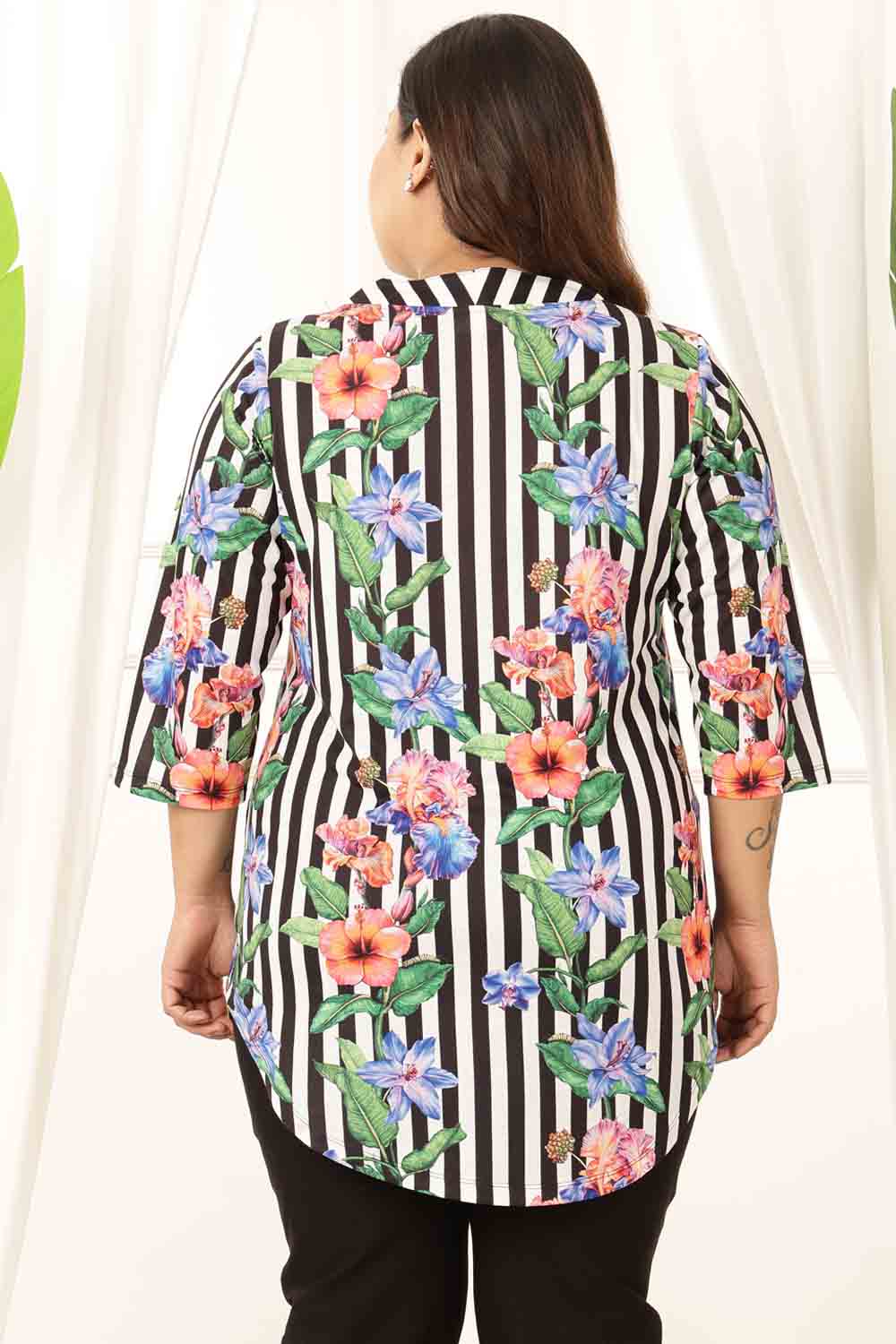 Plus Size Black Floral Stripes Top