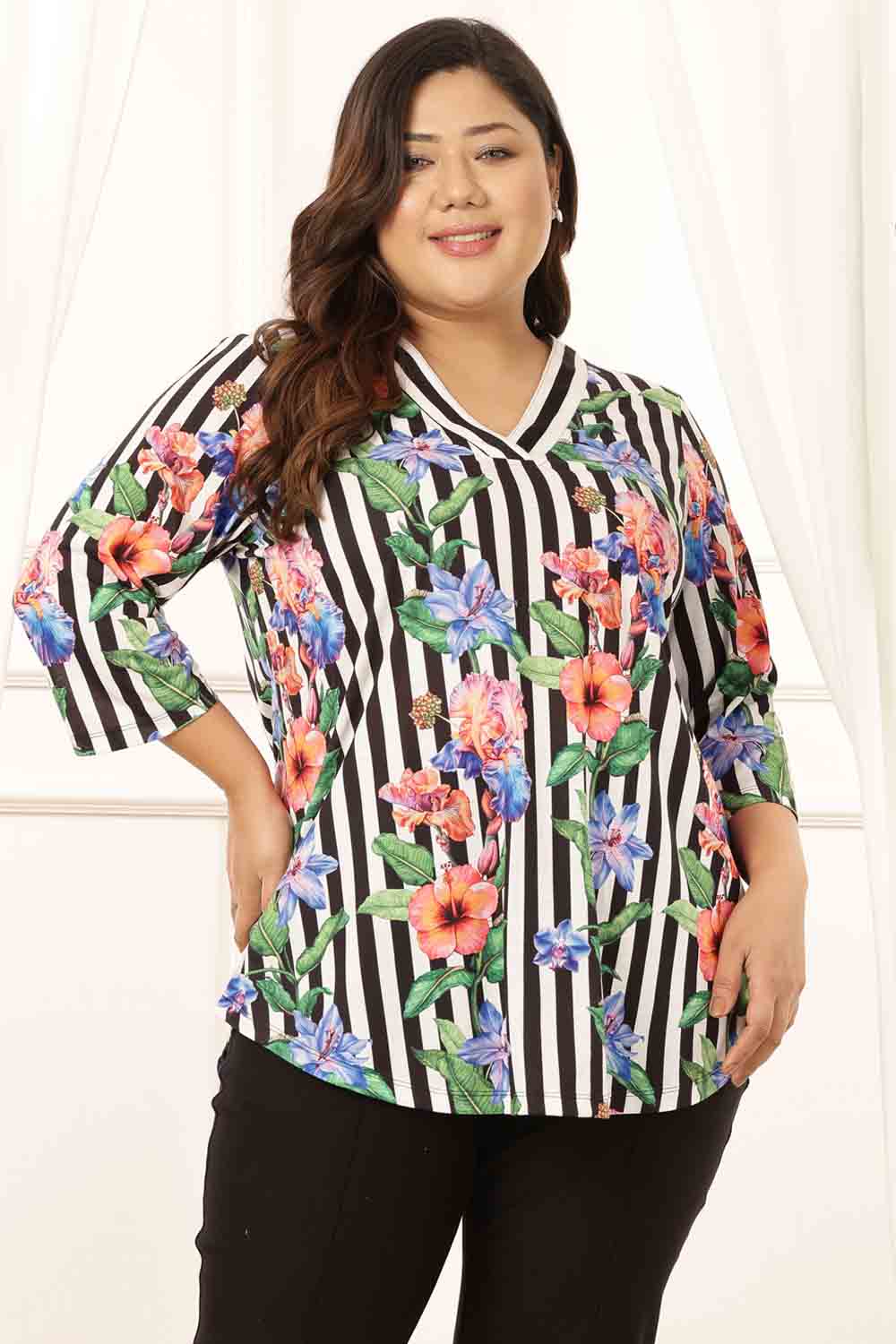 Plus Size Black Floral Stripes Top for Women