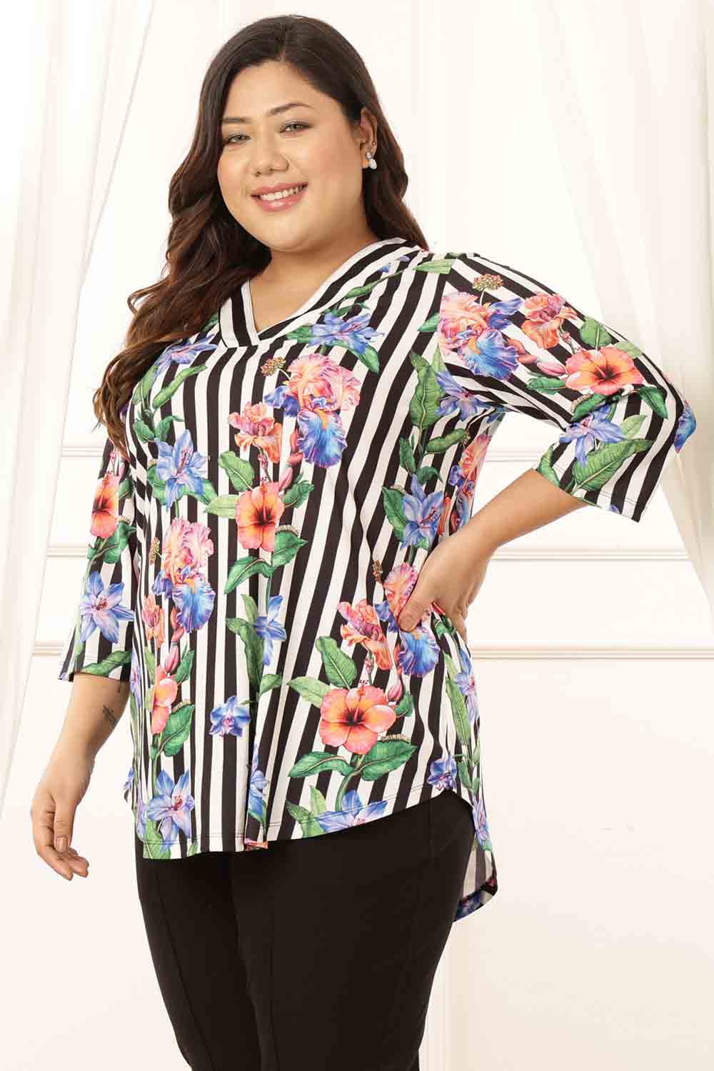 Plus Size Black Floral Stripes Top