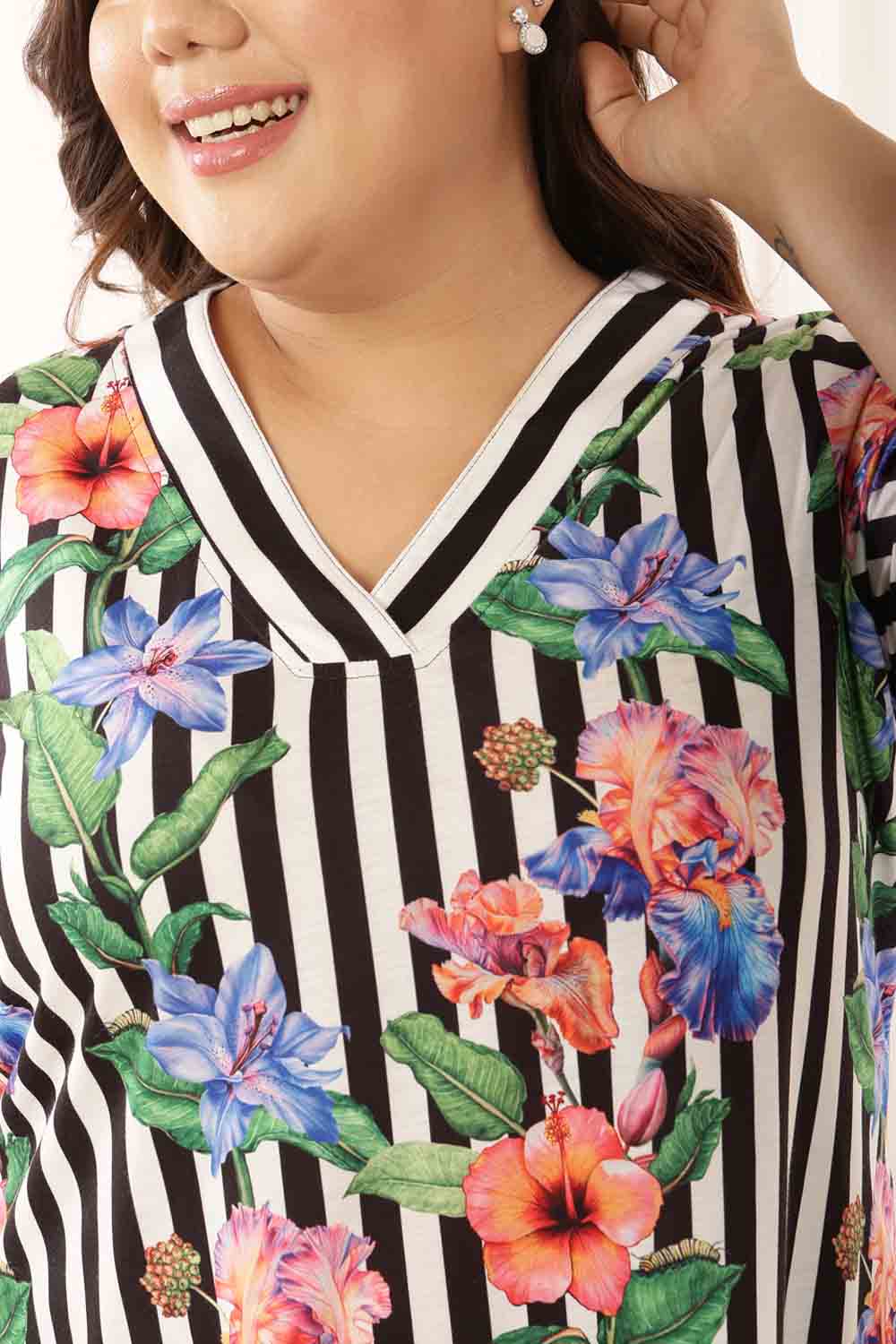 Comfortable Plus Size Black Floral Stripes Top