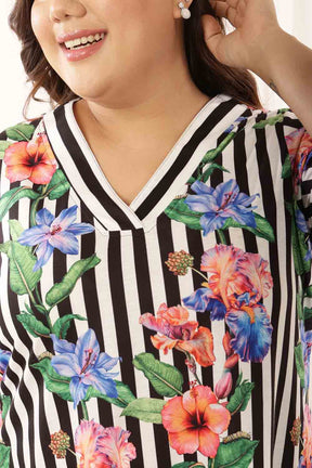 Plus Size Black Floral Stripes Top