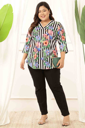 Plus Size Black Floral Stripes Top