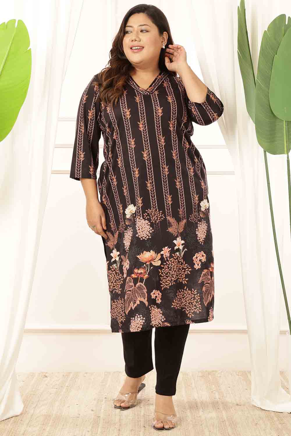 Plus Size Plus Size Black Floral V Neck Kurta