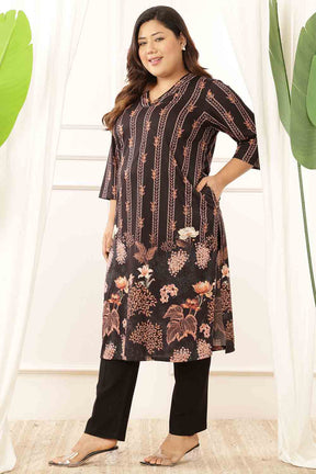 Plus Size Black Floral V Neck Kurta