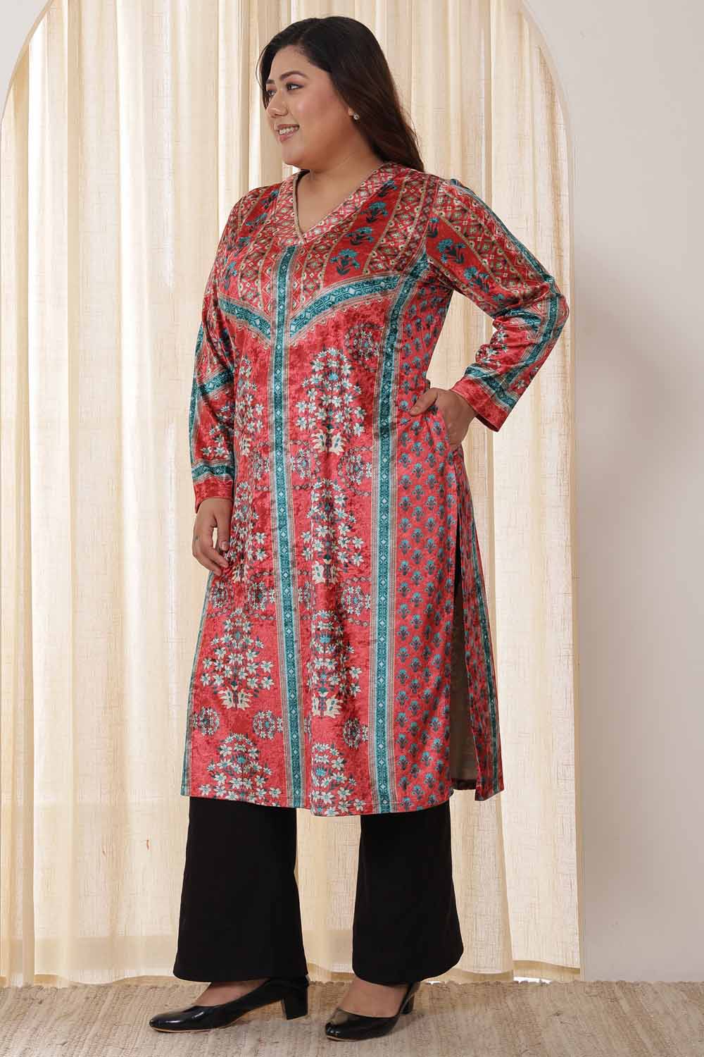 Plus Size Plus Size Red Teal Velvet Kurta