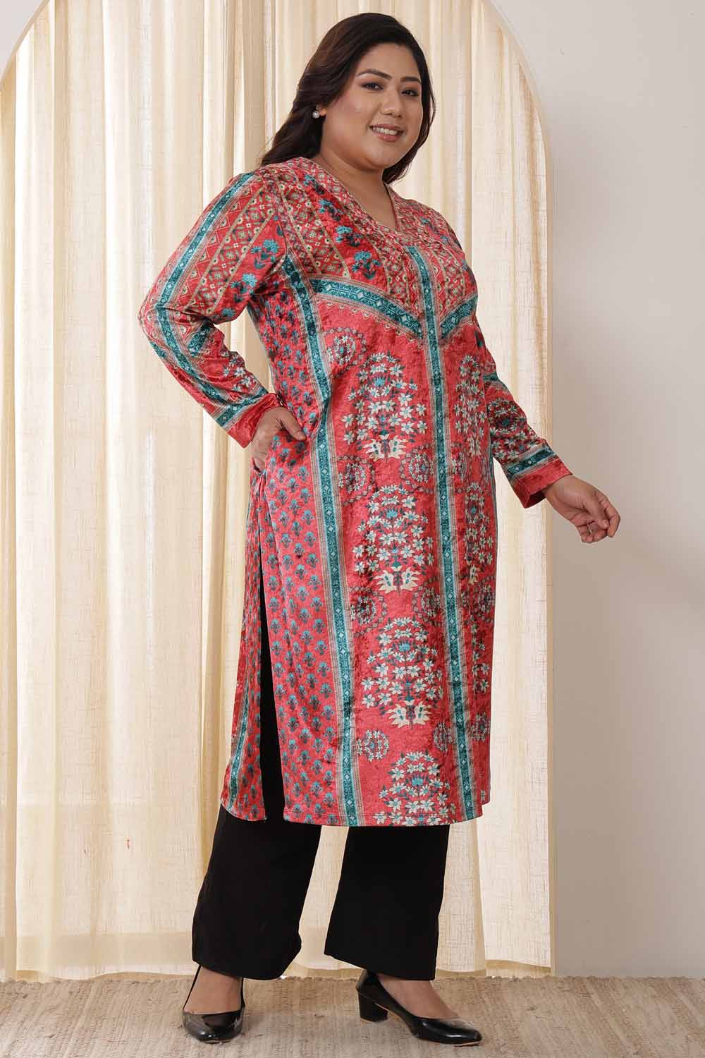 Plus Size Red Teal Velvet Kurta for Women