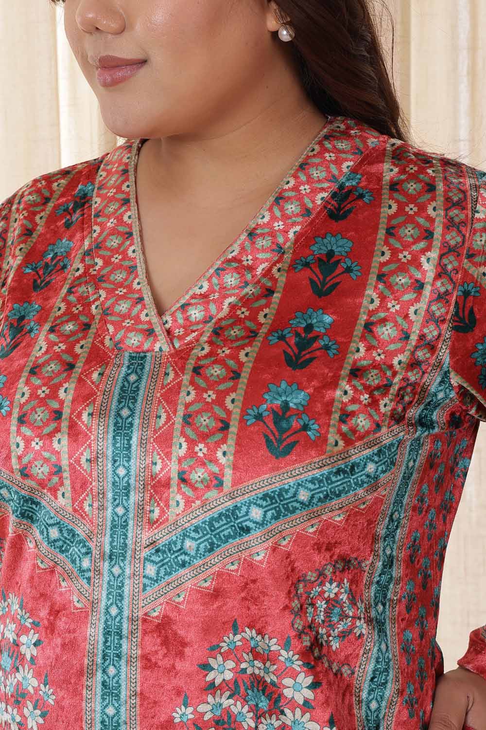 Comfortable Plus Size Red Teal Velvet Kurta